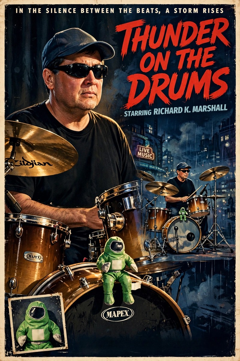 Vintage-style movie poster titled Thunder on the Drums in red brush lettering. Richard K. Marshall, in a cap and sunglasses, plays a Mapex drum kit with a Zildjian cymbal while a small green astronaut figurine sits on the bass drum. Behind him is a stormy night city with a Live Music sign. Tagline: In the silence between the beats, a storm rises.